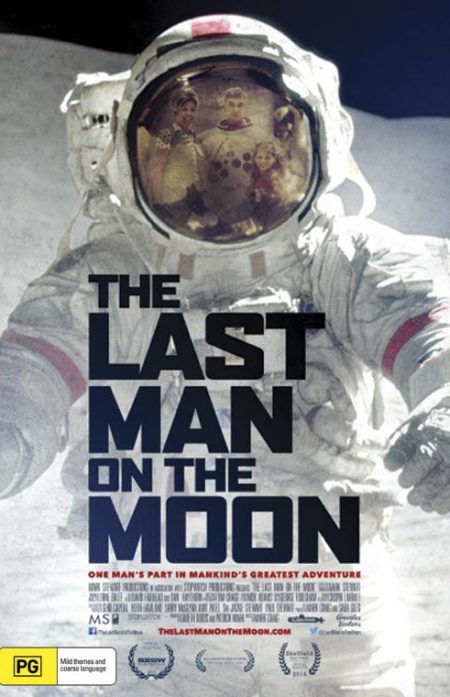 The cover of the DVD of the film The Last Man on the Moon showing a man in a space suit on the moon.